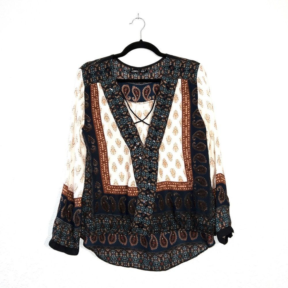 New Gypsy 05 Global‎ Village Paisley Bohemian Blouse Size Medium